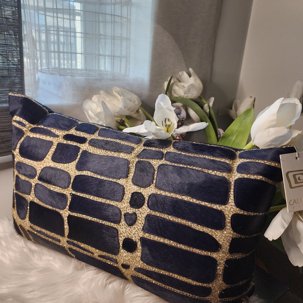 CALLISTO HOME  BEADED CALFHAIR HIDE  FOIL LUMBAR DECORATIVE THROW PILLOW